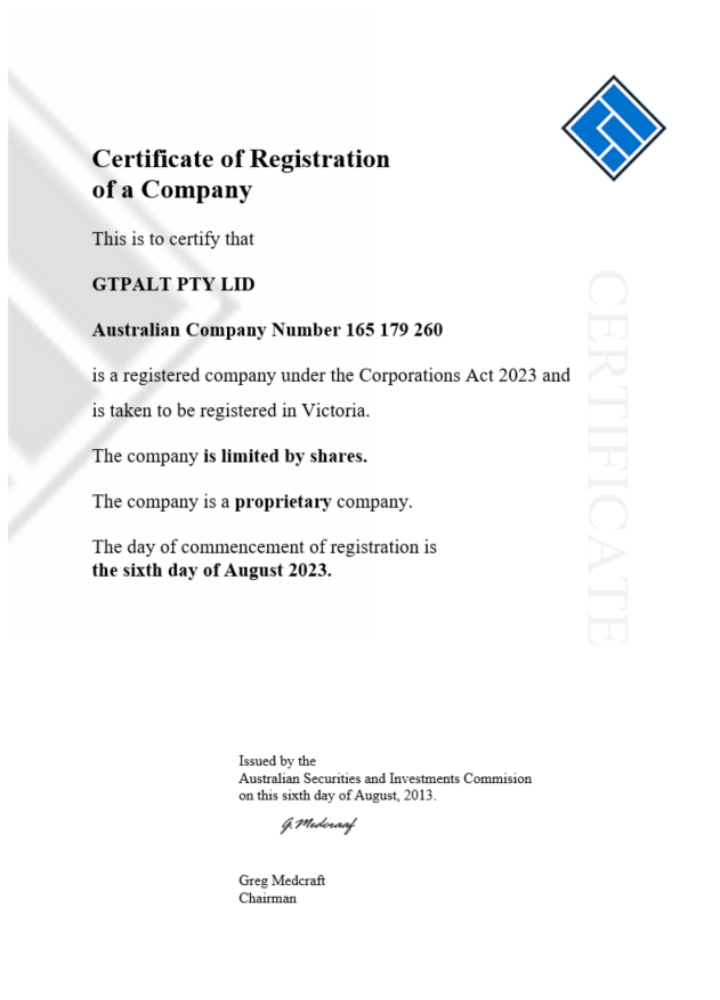 Australia GTPALT certificate of company registration word and PDF template